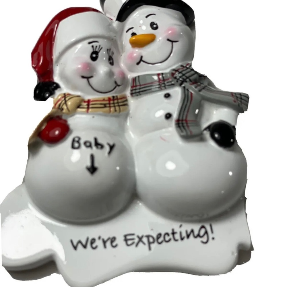 Christmas Tree Ornament Snowman Ceramic Couple Expecting Baby Defect